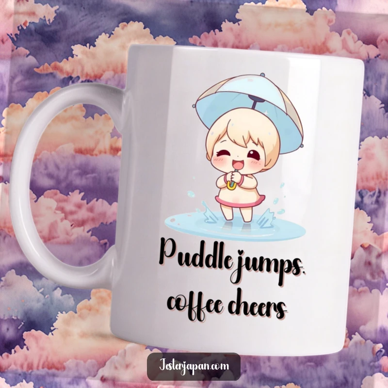 Funny Mug: Happy character holding a small umbrella, gleefully splashing in a puddle, enjoying the rain.