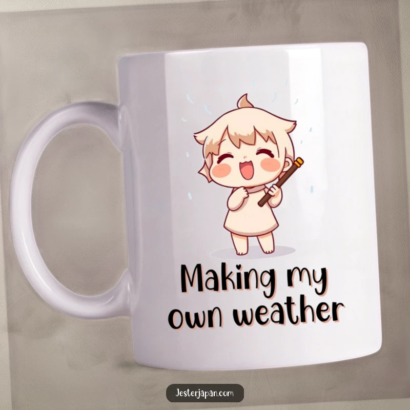 Funny mug featuring a character gleefully shaking a rain stick, producing a delightful stream of colorful beads, symbolizing a gentle downpour.