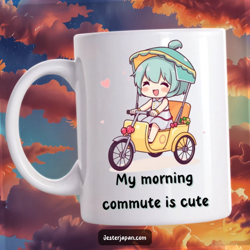 Funny mug showing a character with pure joy riding a small, colorfully decorated rickshaw, celebrating miniature travel adventures.