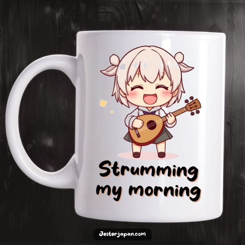 Funny shamisen player mug showing a smiling character energetically playing a miniature shamisen with comically exaggerated, joyful movements, full of musical spirit.