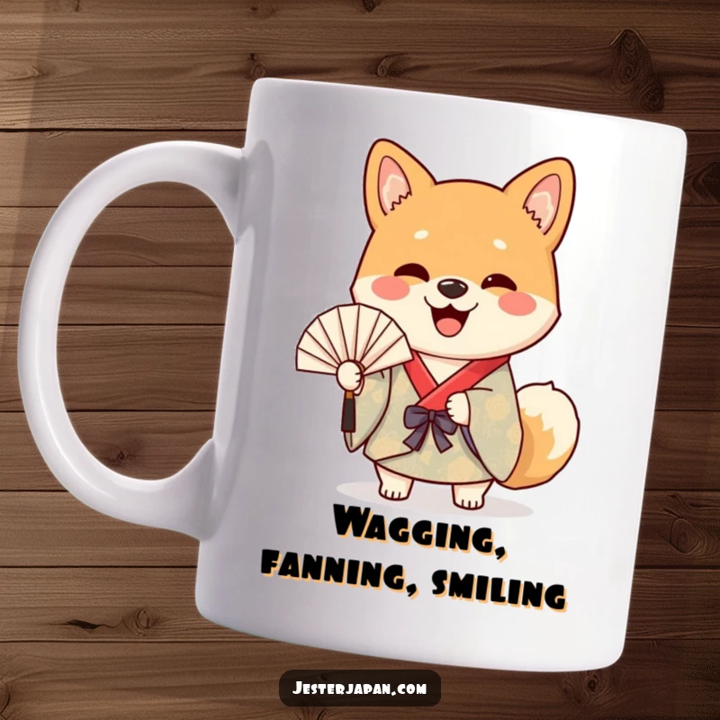 Funny mug with a cheerful Shiba dog in a colorful kimono, happily waving a traditional paper fan, exuding joy.