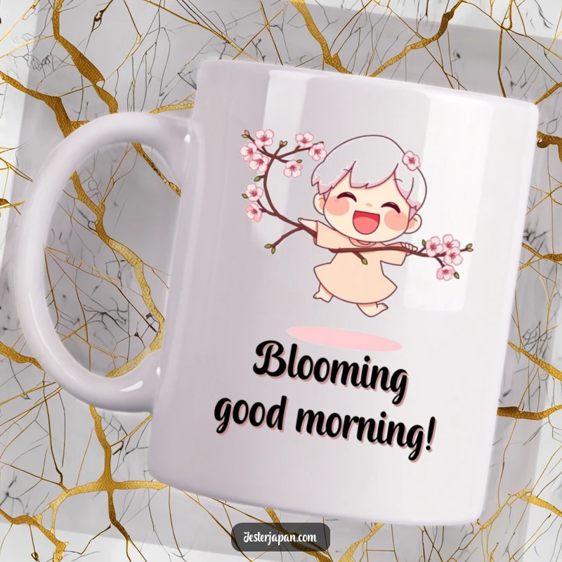 Funny Mug: Joyful character doing a playful hop while holding a blooming cherry branch, radiating spring cheer.