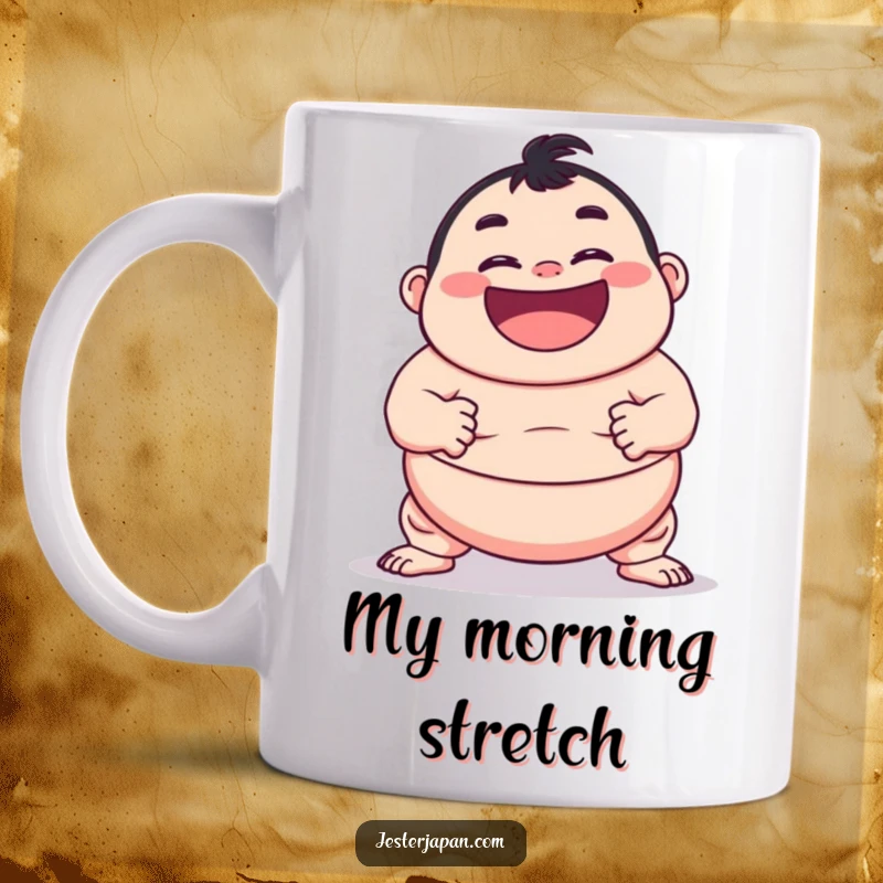 Funny mug featuring a grinning character in a wobbly sumo wrestling stance, ready for a playful match. Ideal for humor lovers.