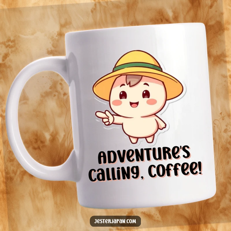 Funny mug featuring a cheerful character wearing a sun hat and pointing forward, inviting adventure and good times.