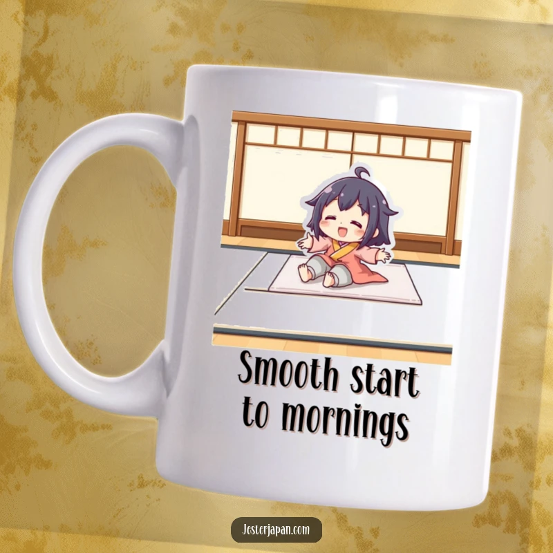 Funny mug showing a cute character playfully sliding smoothly across a tatami mat. Represents carefree fun and relaxation.