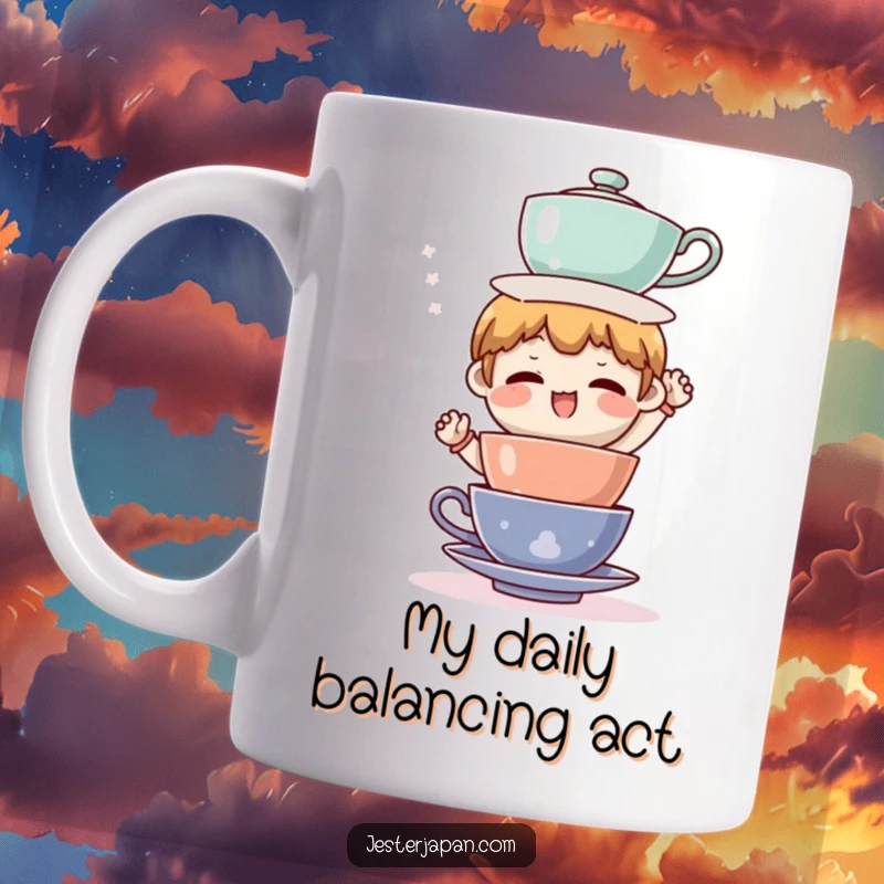 Funny mug featuring a character comically balancing a precarious stack of tea cups, spilling none. A humorous depiction of daily struggles.