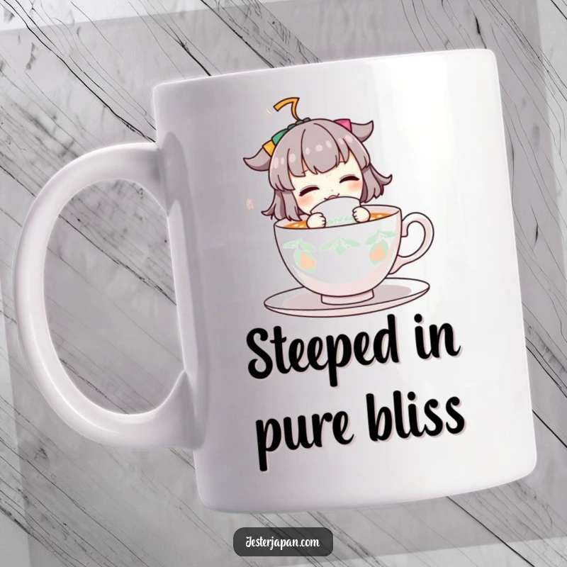 Funny mug of a cartoon character enthusiastically sipping from a giant, stylish teacup, full of energy and joy, perfect for a tea lover.