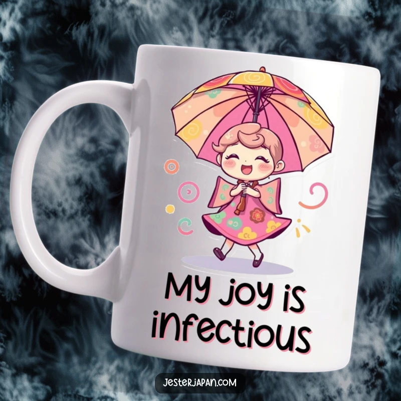 Funny mug featuring a cheerful umbrella character dancing with colorful swirling patterns, bringing joy and whimsy.