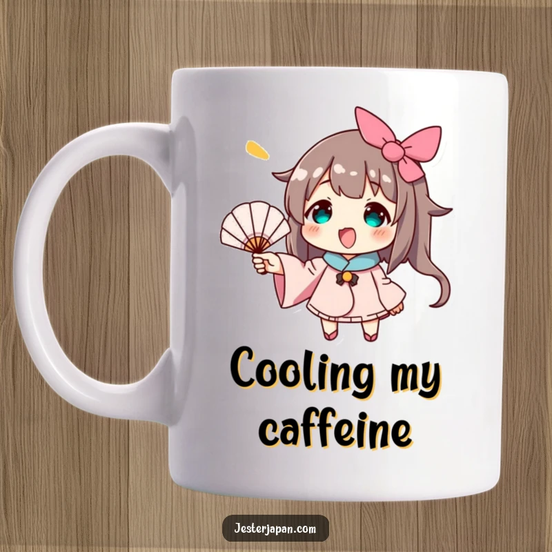 Funny mug showing a character happily fanning themselves with a tiny, decorative hand fan, conveying a sense of cheerful relief.