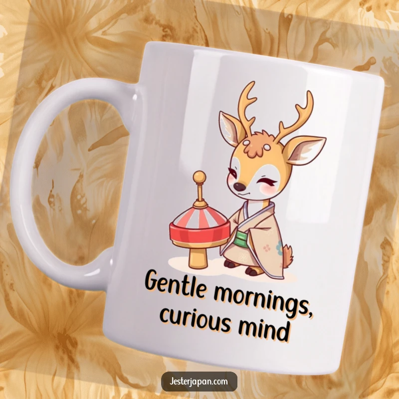 Funny Deer Kimono Mug: A shy deer in a traditional kimono curiously observes a spinning top, conveying innocent wonder and gentle humor.