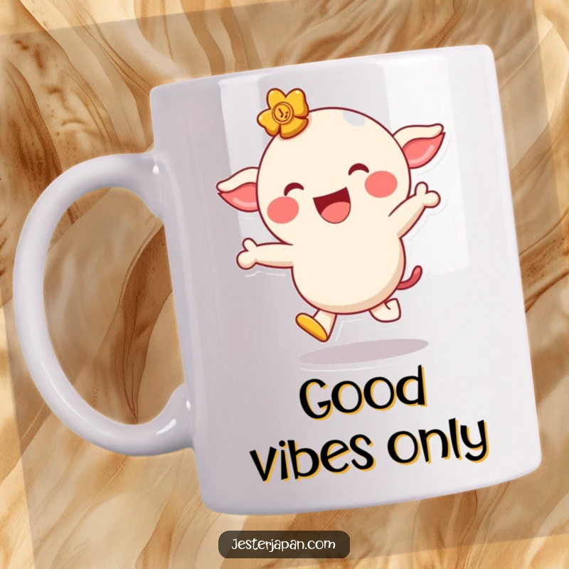 Funny mug showcasing a giggling lucky charm character hopping playfully with a wide, infectious smile, radiating happiness.