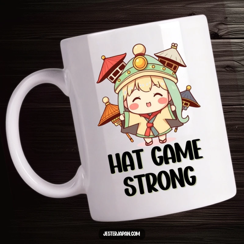 Funny mug featuring a Kawaii character enthusiastically trying on various traditional hats, symbolizing style exploration.