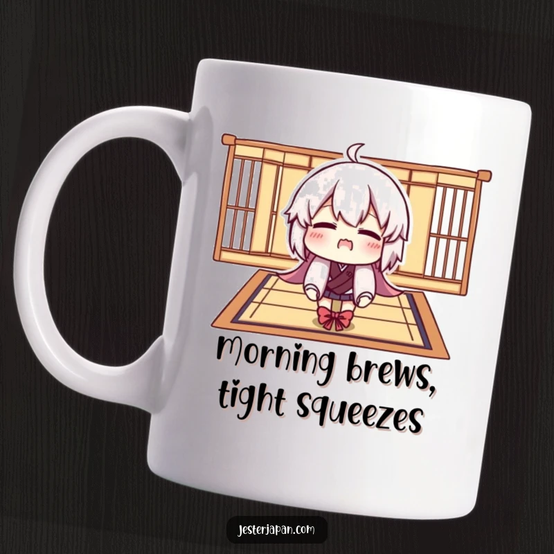 Funny mug showing a character comically attempting to fit onto a very small Tatami mat, highlighting a humorous struggle.