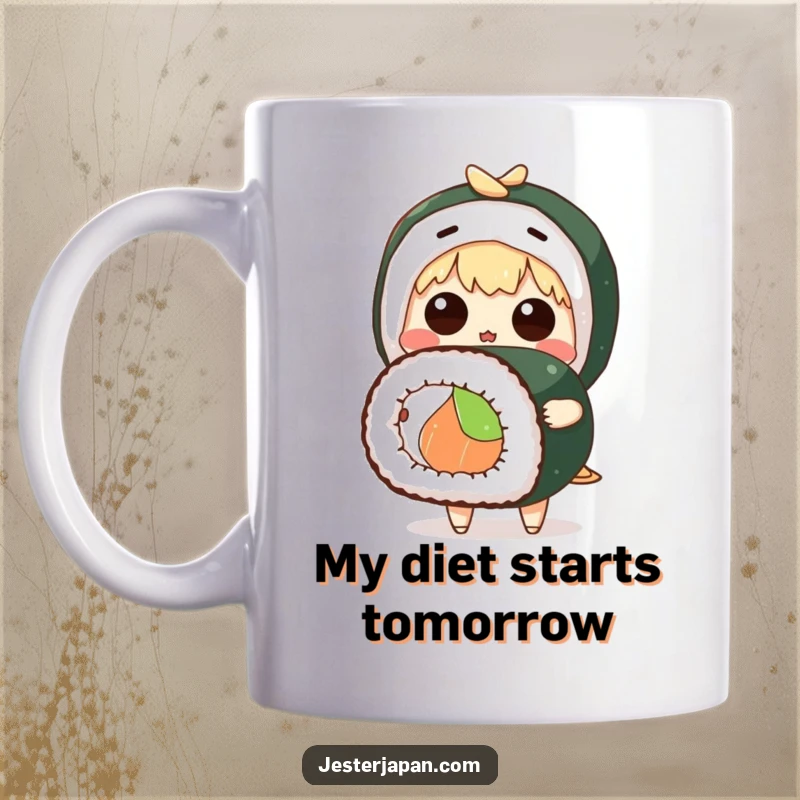 Funny mug featuring a cute anime character with wide eyes, holding a giant sushi roll in surprise, perfect for sushi lovers.