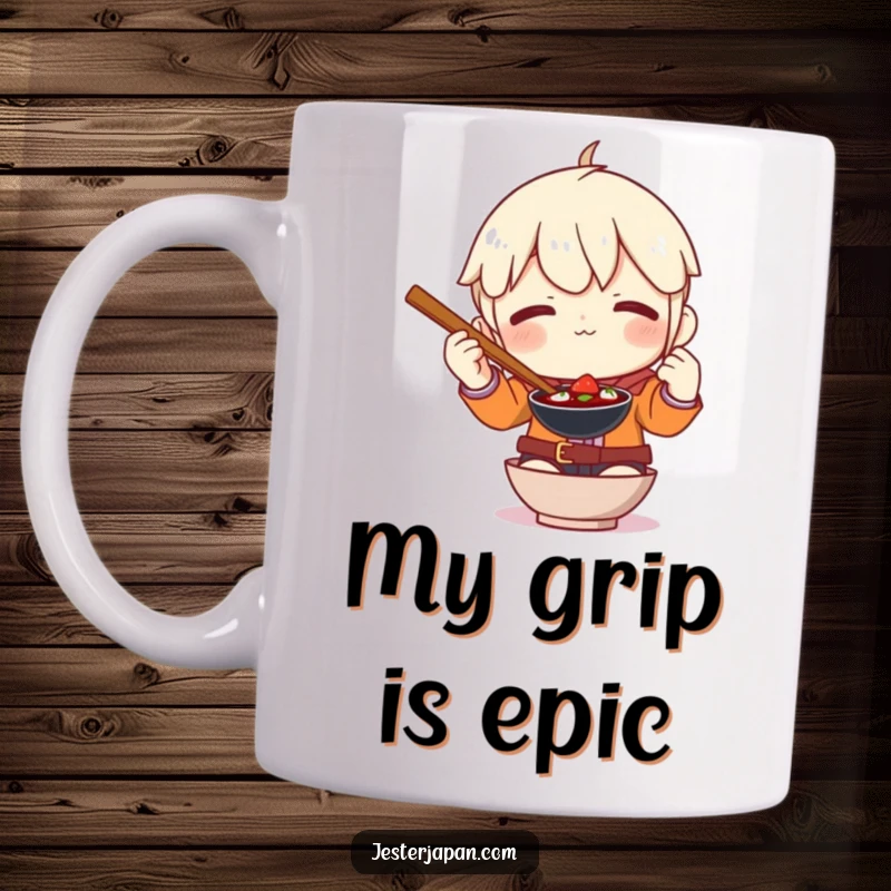 Funny mug featuring a cartoon character hilariously failing to use comically oversized chopsticks, perfect for food lovers.