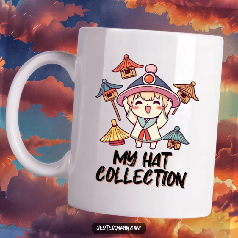 Funny Kawaii mug showing a joyful character enthusiastically trying on various traditional hats with a playful expression.