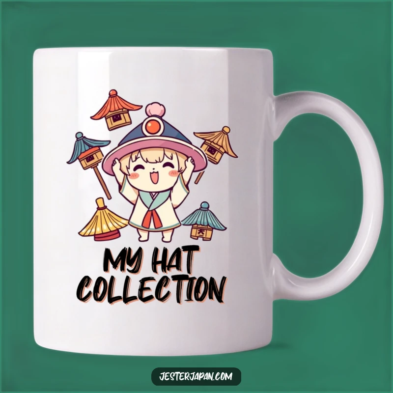 Funny Kawaii Hat Enthusiast Mug: Playful Character Trying on Hats Gift