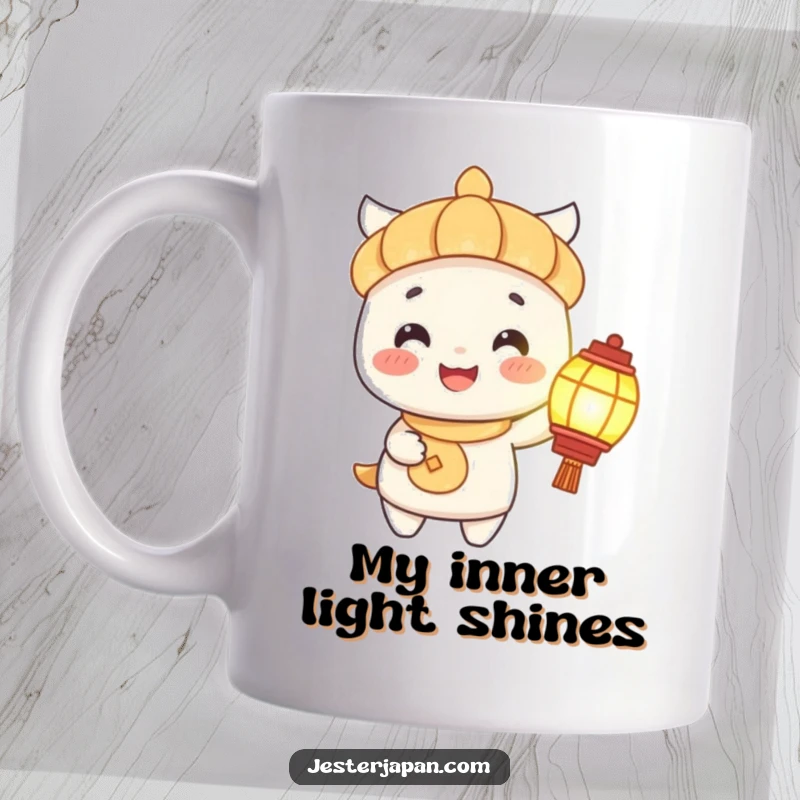 Funny Mug: Cheerful character holding a glowing lantern, casting a happy light on its smiling face, perfect for gifting.