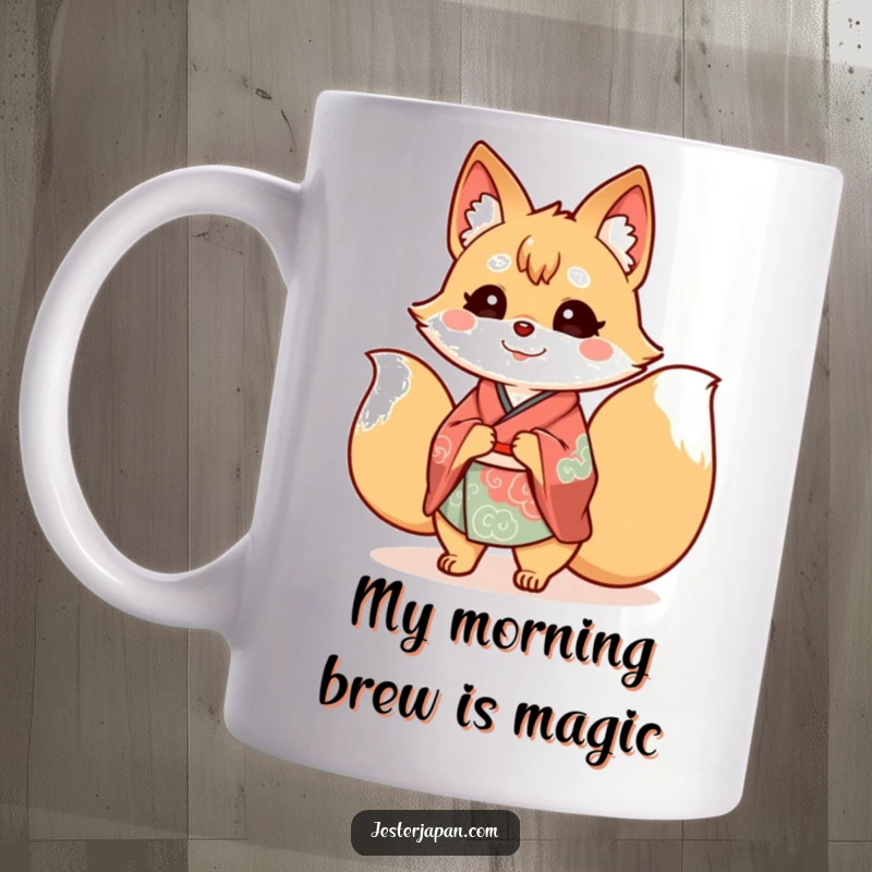 Funny Kitsune Kimono Mug featuring a cheerful nine-tailed fox in a colorful kimono with multiple wagging tails, spreading joy and good fortune.