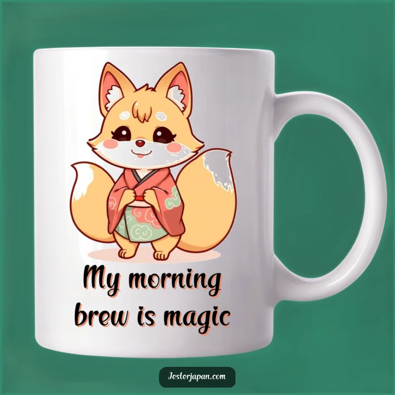 Funny Kitsune Kimono Mug: Cheerful Nine-Tailed Fox, Perfect Japanese Folklore Gift
