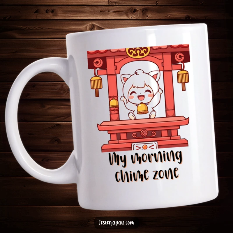 Funny mug featuring a character with a blissful expression, joyfully ringing a small, detailed temple bell, spreading peaceful vibes.