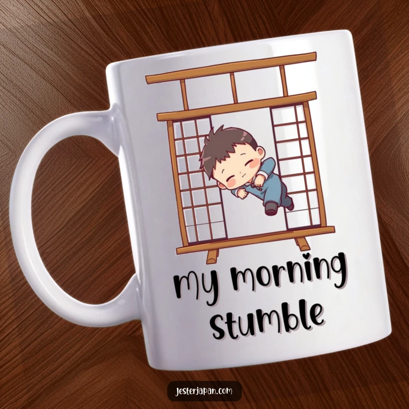 Funny mug depicting a cute, chibified character comically tripping and falling over a traditional Japanese Shoji screen, a moment of pure slapstick.