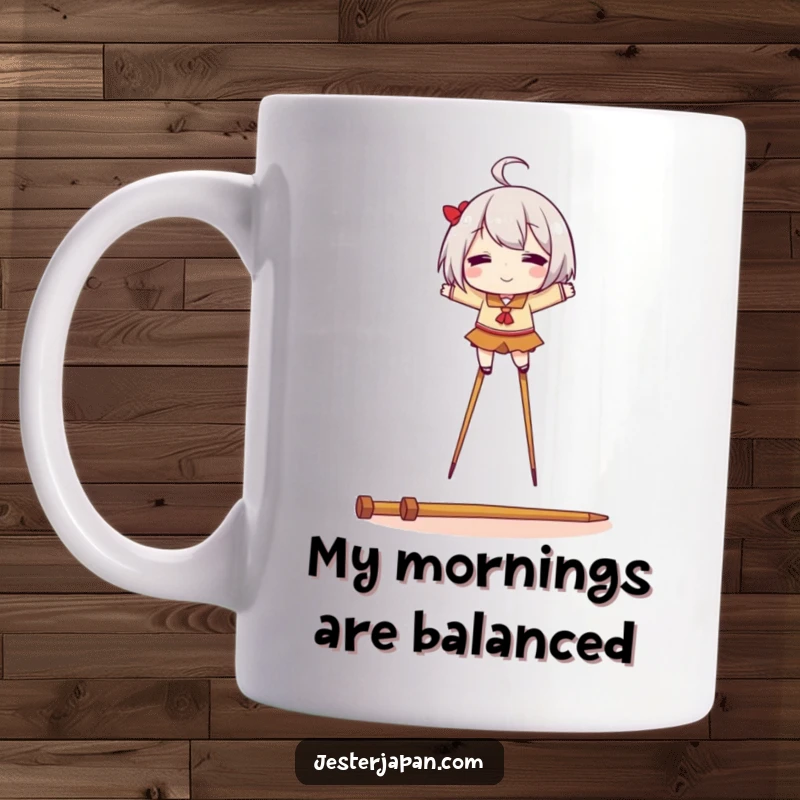 Funny mug showing a character with a joyful expression, precariously balancing on stilts made from chopsticks, celebrating quirky skills.