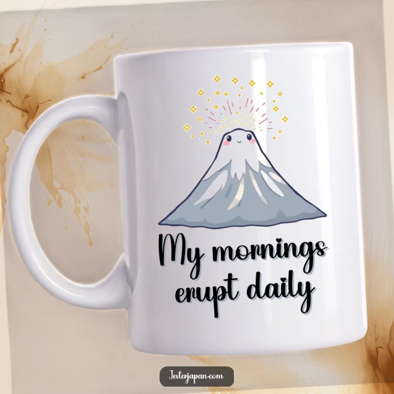 Funny Mount Fuji mug showing a tiny character erupting with sparkling glitter, a whimsical and happy design.