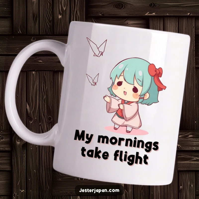 Funny mug showing a character playfully tossing a small origami crane, celebrating creativity and lighthearted fun.