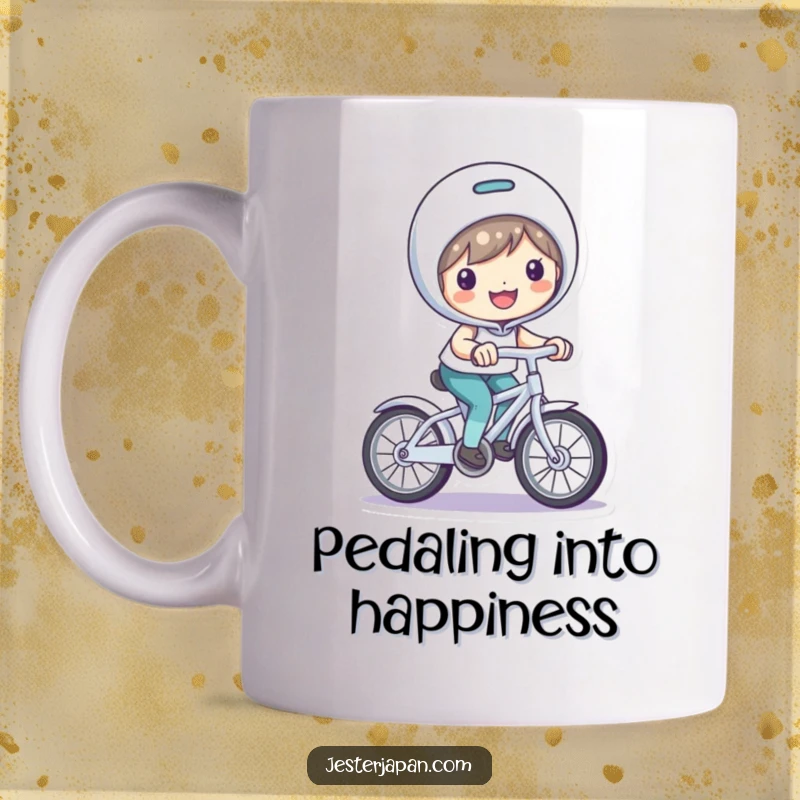 Funny Mug: Character with a bright smile, happily riding a tiny, playful bicycle.