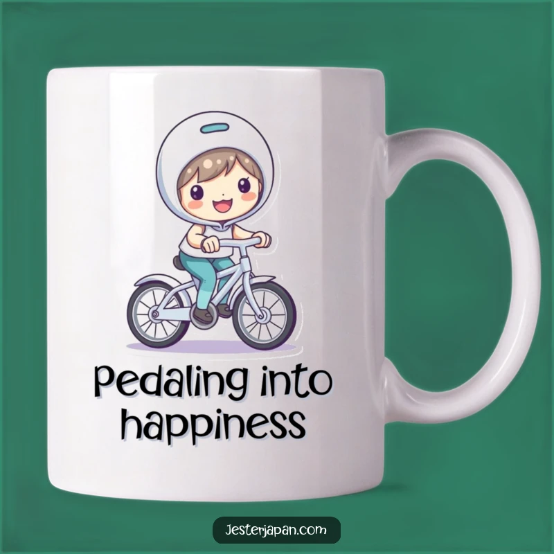 Funny Bicycle Riding Mug: Smiling Character's Playful Ride, a Perfect Joyful Gift
