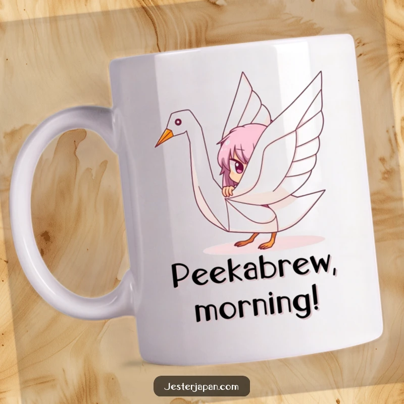 Funny mug showing a character playfully peeking out from behind a large, intricately folded origami crane, creating a sense of curiosity.