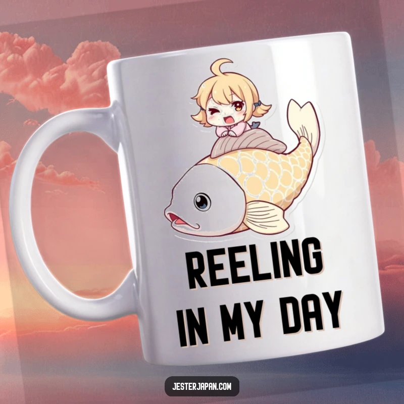 Funny mug featuring a character with a mischievous wink riding a giant koi fish, embodying playful adventure.