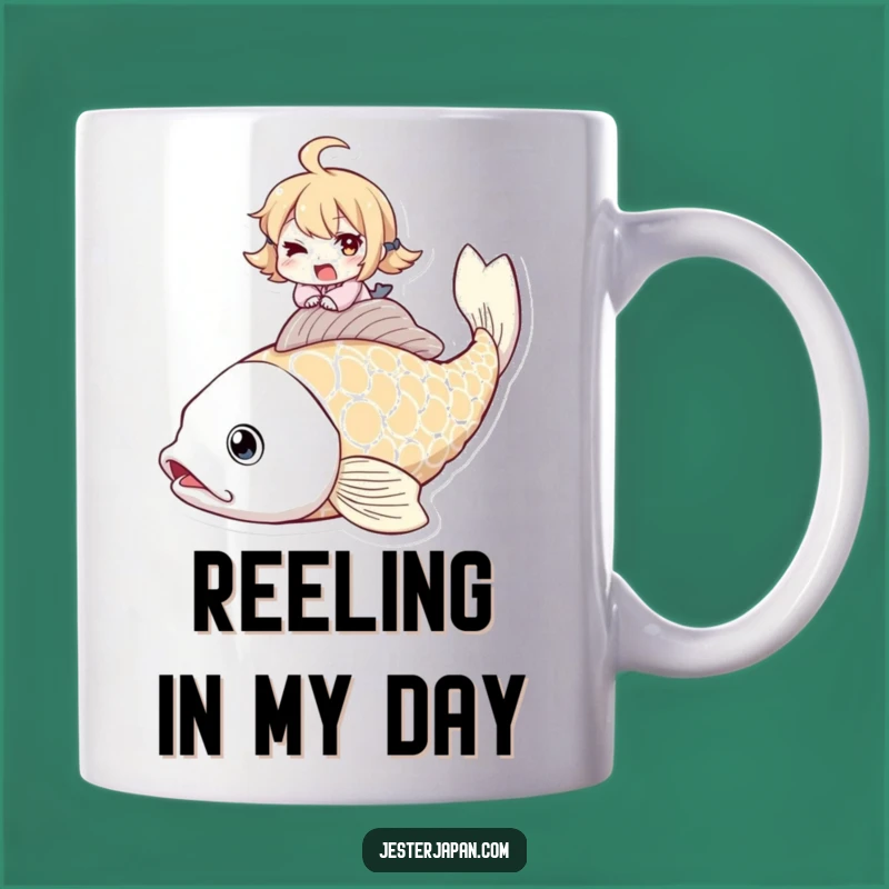 Funny Koi Fish Rider Mug: Mischievous Character, Whimsical Asian Art, Unique Gift