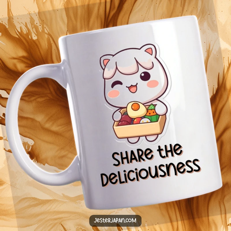 Funny Kawaii Bento Box Mug: Cute character cheerfully offering a tasty morsel from their packed bento box, symbolizing sharing and friendship.