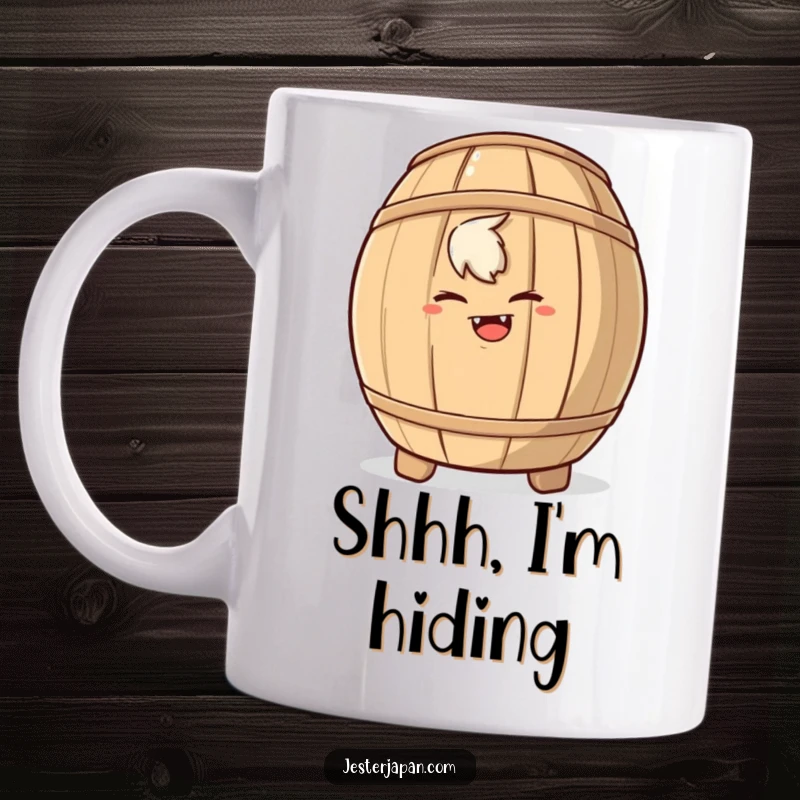 Funny mug featuring a mischievous character with a grin, hiding behind a large sake barrel, evoking playful secrets.