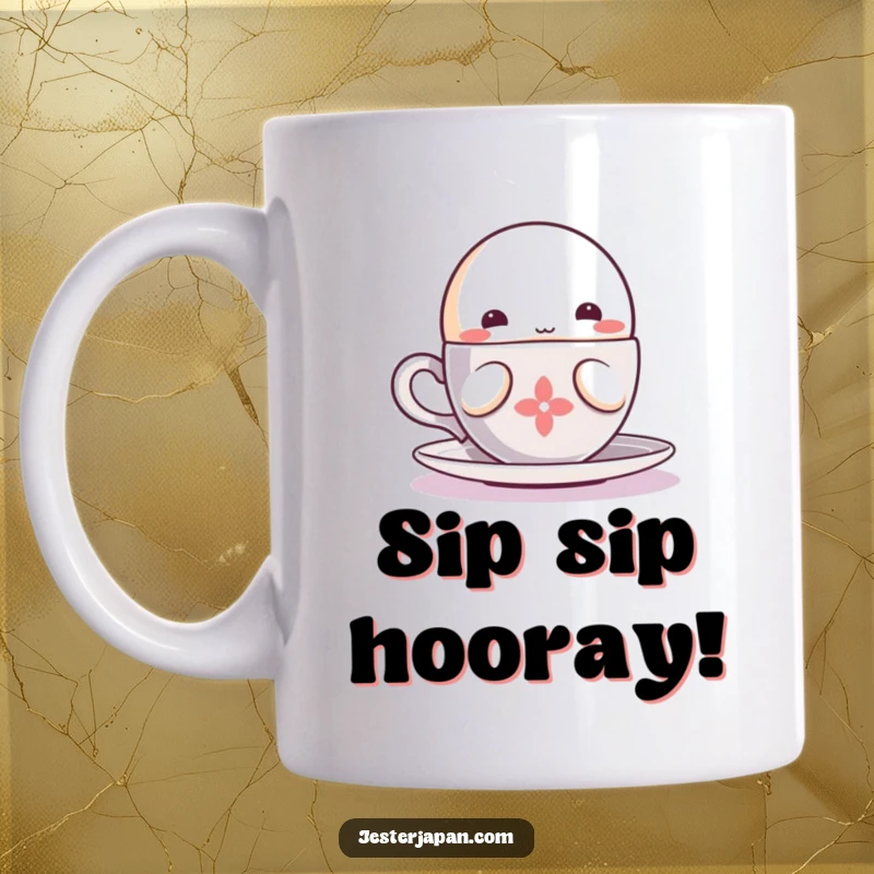 Funny small, round Kawaii character happily sipping from a steaming cup, conveying warmth and contented relaxation.