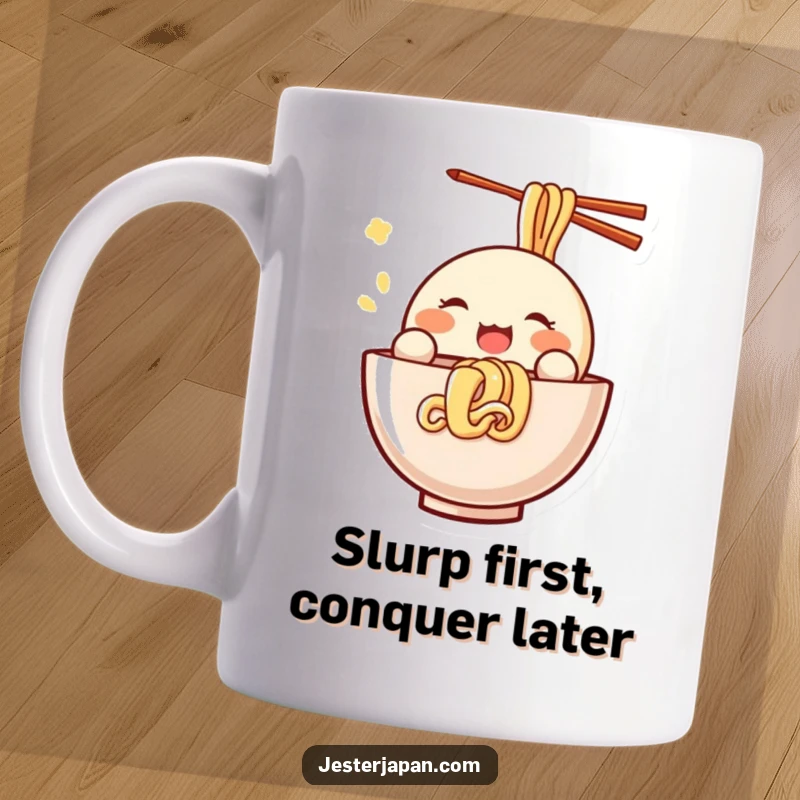 Funny Kawaii character mug, small and round, joyfully slurping noodles from a large bowl, celebrating the happiness of food with a cute design.