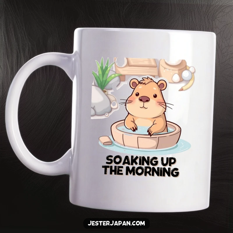 Funny mug featuring a content capybara blissfully soaking in a hot spring, radiating pure relaxation.