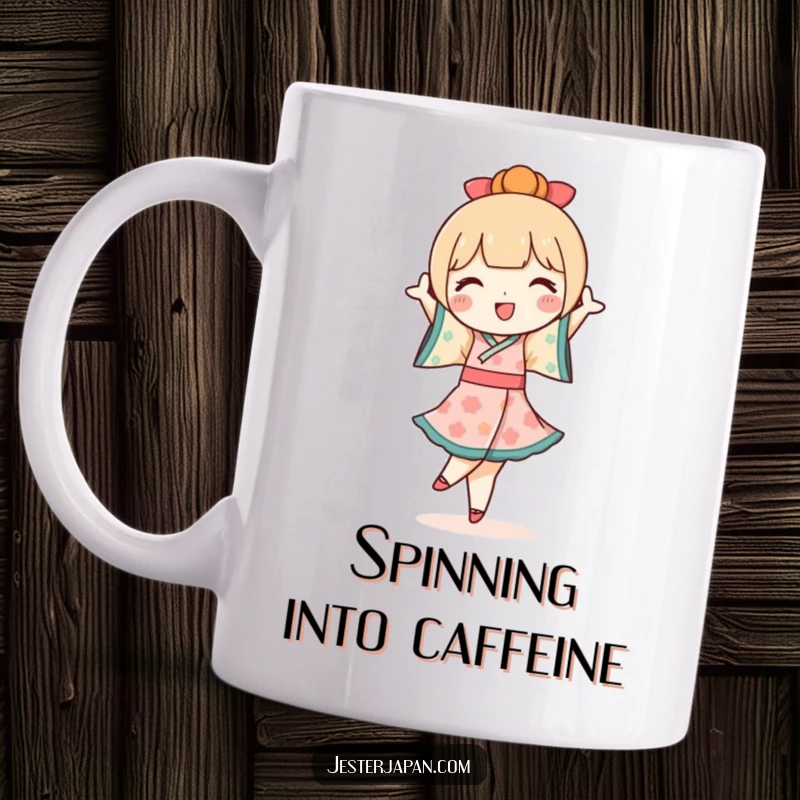 Funny Kokeshi Doll Mug: A cute Kokeshi doll character joyfully performs a pirouette, radiating happiness and charm.