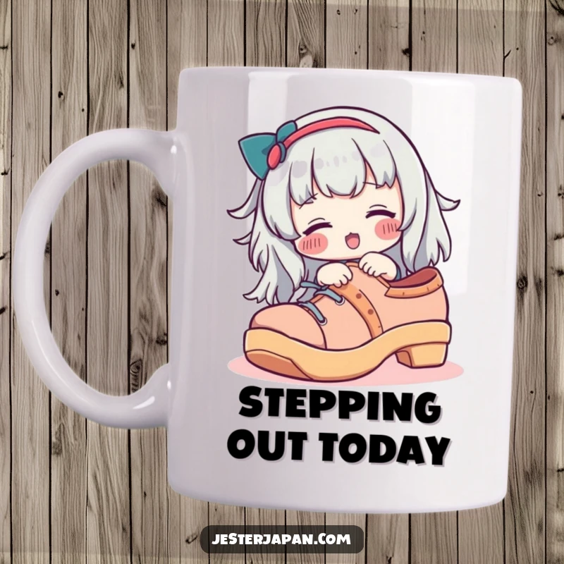 Funny mug showing a character with rosy cheeks trying on an oversized geta shoe, highlighting playful confusion.