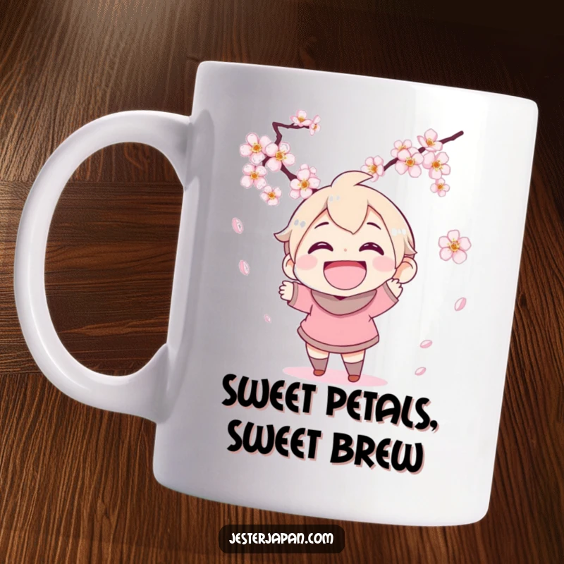 Funny mug showing a character with a huge grin joyfully attempting to catch delicate falling cherry blossoms, embodying spring's beauty.