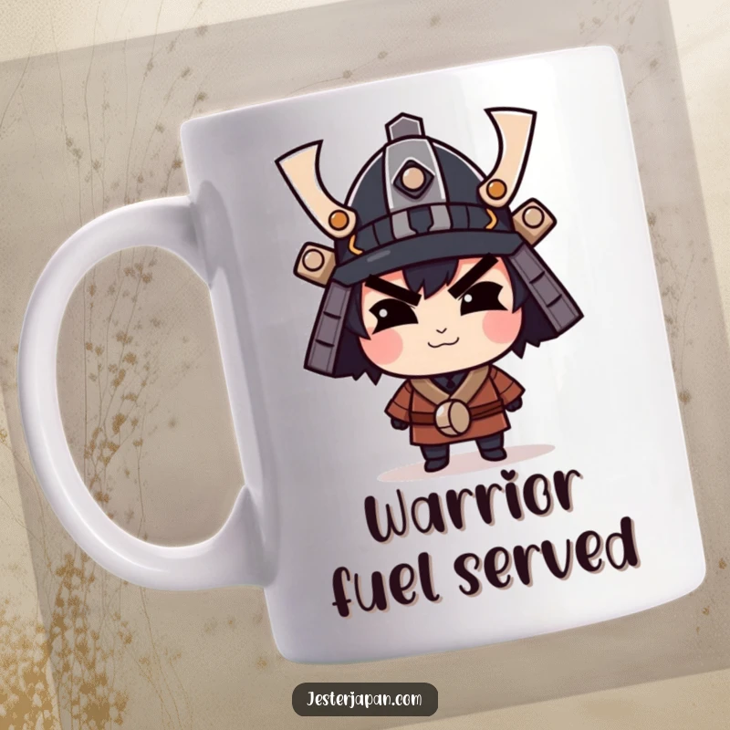 Funny mug featuring a character with a confident smirk, sporting a tiny samurai helmet, ready for action.