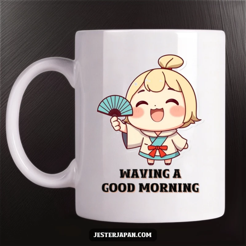Funny Kawaii Mug: Cute character grinning and waving a tiny Japanese fan, embodying infectious enthusiasm. A delightful funny gift.