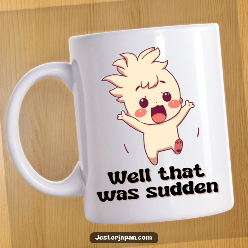Funny Character Mug: A surprised character recoils from a magically appearing origami crane, capturing a moment of shock.