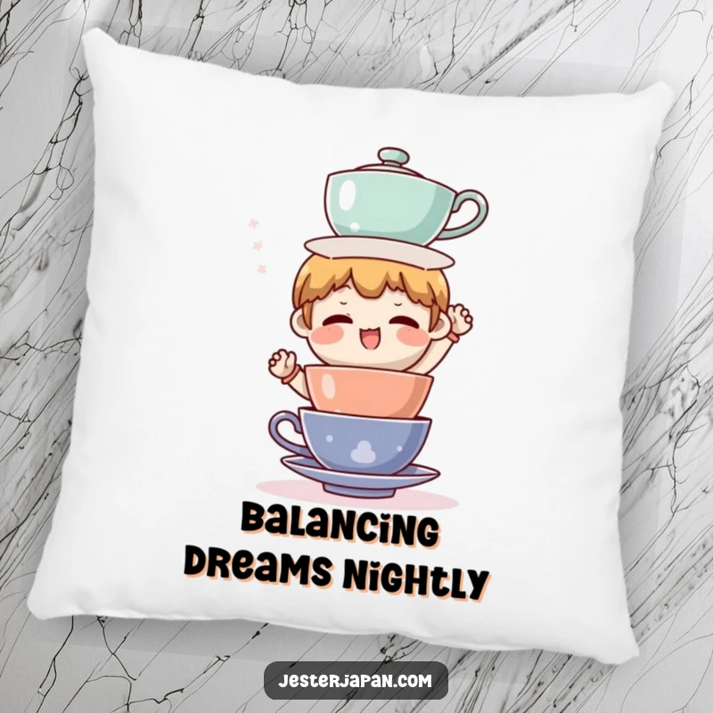 Funny pillow with a character comically trying to balance a huge stack of tea cups, bringing humorous visual appeal to any couch.