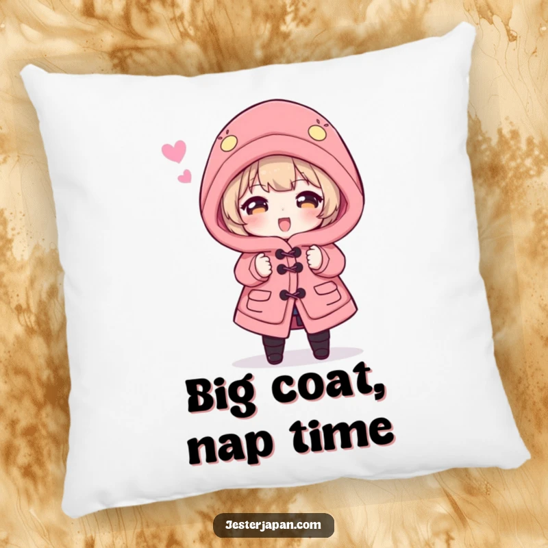 Funny Pillow: Character hilariously swimming in a dramatically oversized Happi coat, offering peak comfort and a heartwarming dose of humor.