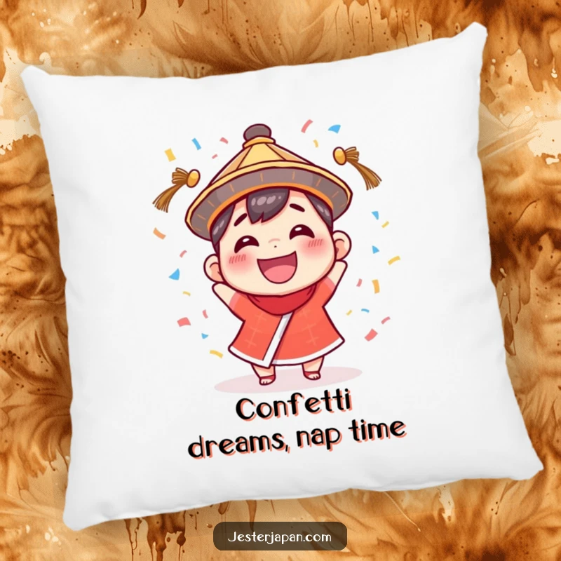 Funny Pillow: Tiny character with a giant grin, wearing a traditional hat, joyfully tossing confetti.