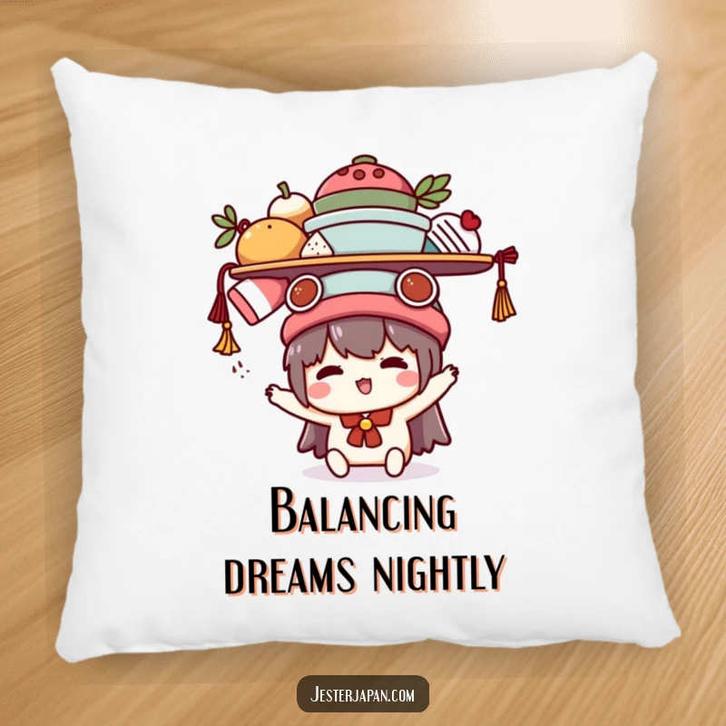Funny Kawaii pillow featuring a cute character humorously balancing items, providing soft comfort and a relatable visual accent.