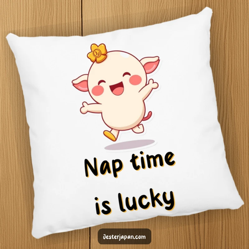 Funny pillow featuring a giggling lucky charm character hopping playfully with a wide smile, perfect for comfort and cheer.